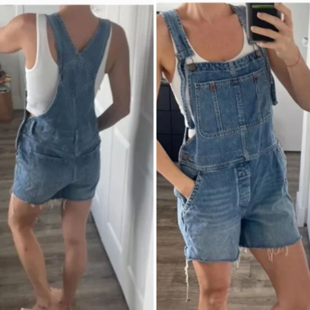 We The Free - Relaxed Boyfriend Denim Overalls Shorteralls | Size 26 | Bell Blue